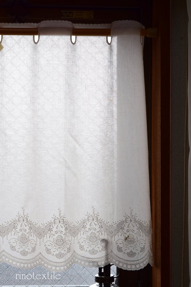 コットンカフェカーテン 裾刺繍付き ホワイト 総丈約45cm